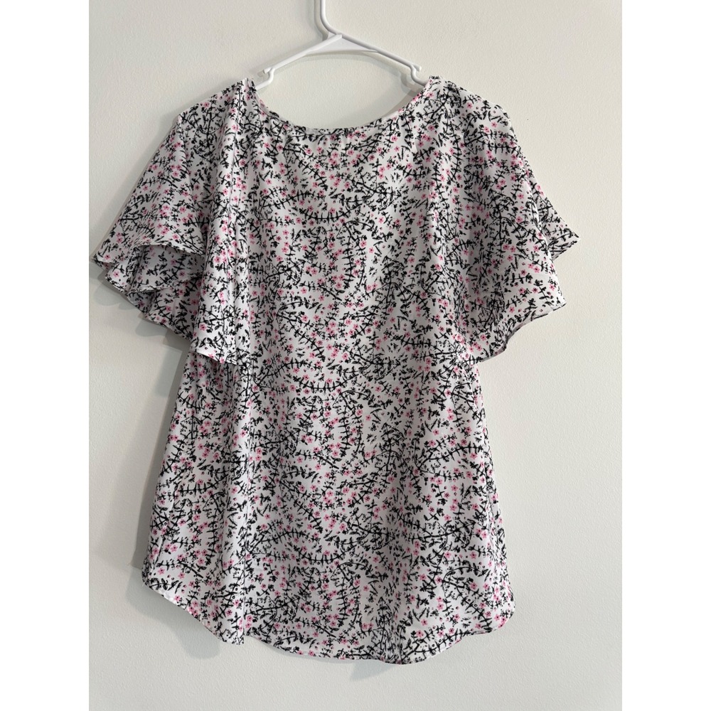 Sioni Floral Flutter Sleeve Blouse‎ Women Size S White Pink V-Neck Top floral